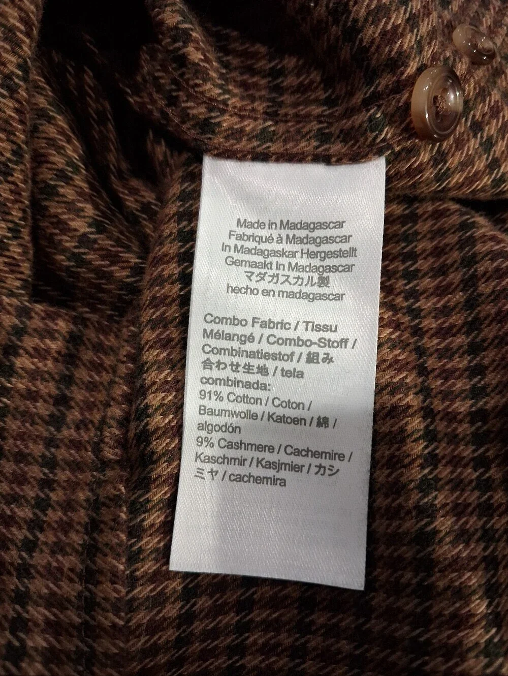 J Crew Mens Size L Cotton/Cashmere Blend Brown Flannel Shirt